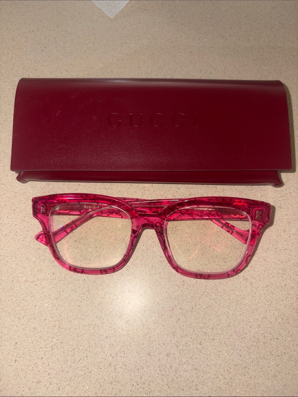 Gucci Transparent Pink Square Eyeglass Frames with Case